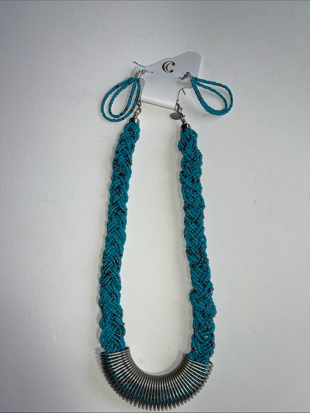 Turquoise Beaded Braided Necklace and Earrings  Silver Accents
